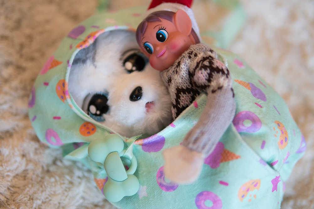 Rampenissen er inne i soveposen sammen med kosedyret Baby Paws